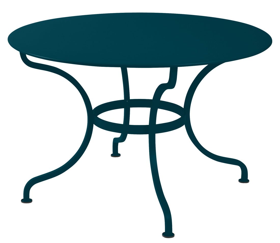 Blauer Romane Tisch von Fermob für den Außenbereich, runder Gartentisch aus Metall.